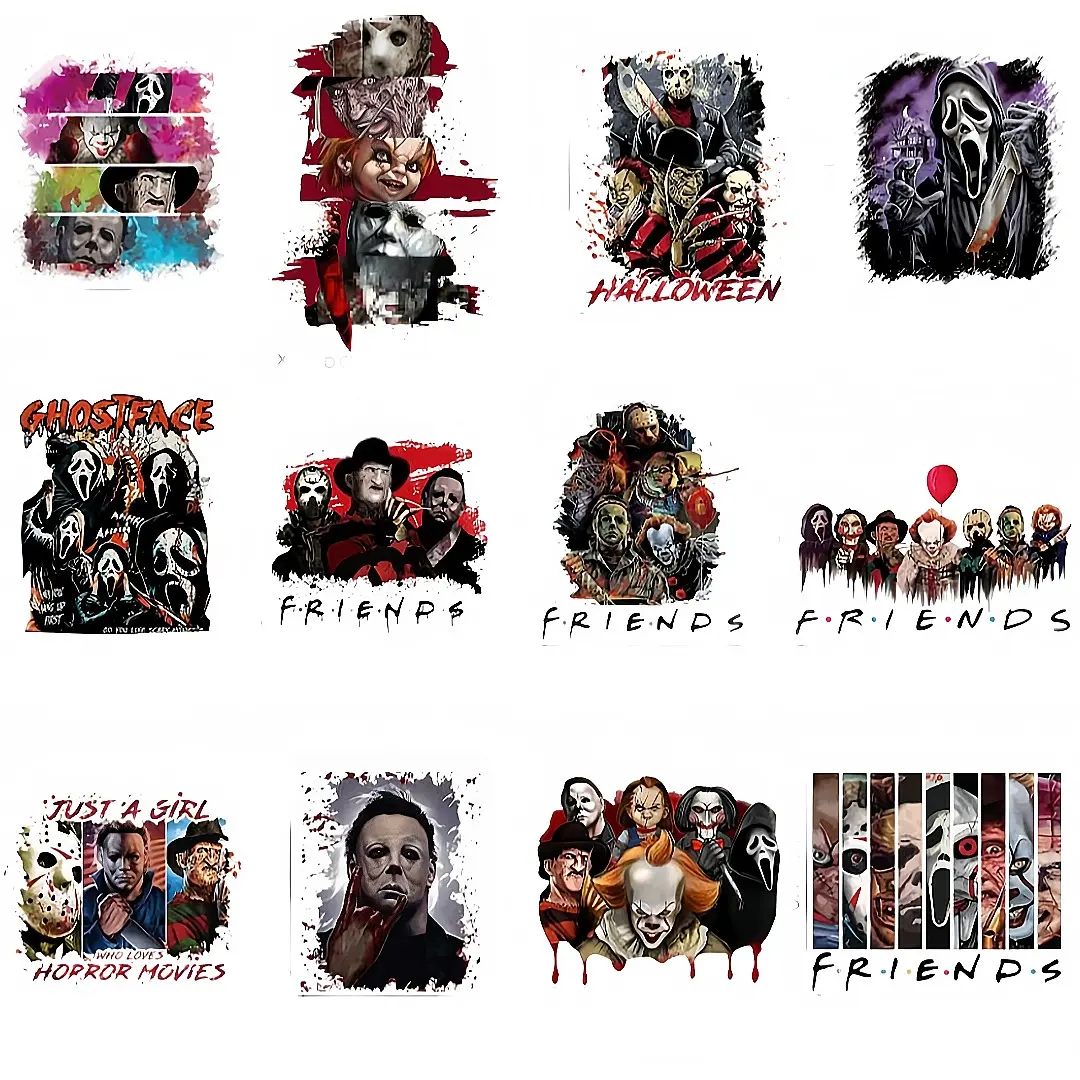 12 Halloween Iron-On Stickers, DTF Transfer Instant Press, Horror Movie Characters, DIY Decor for T-Shirts, Clothes, Bags, Pillowcases