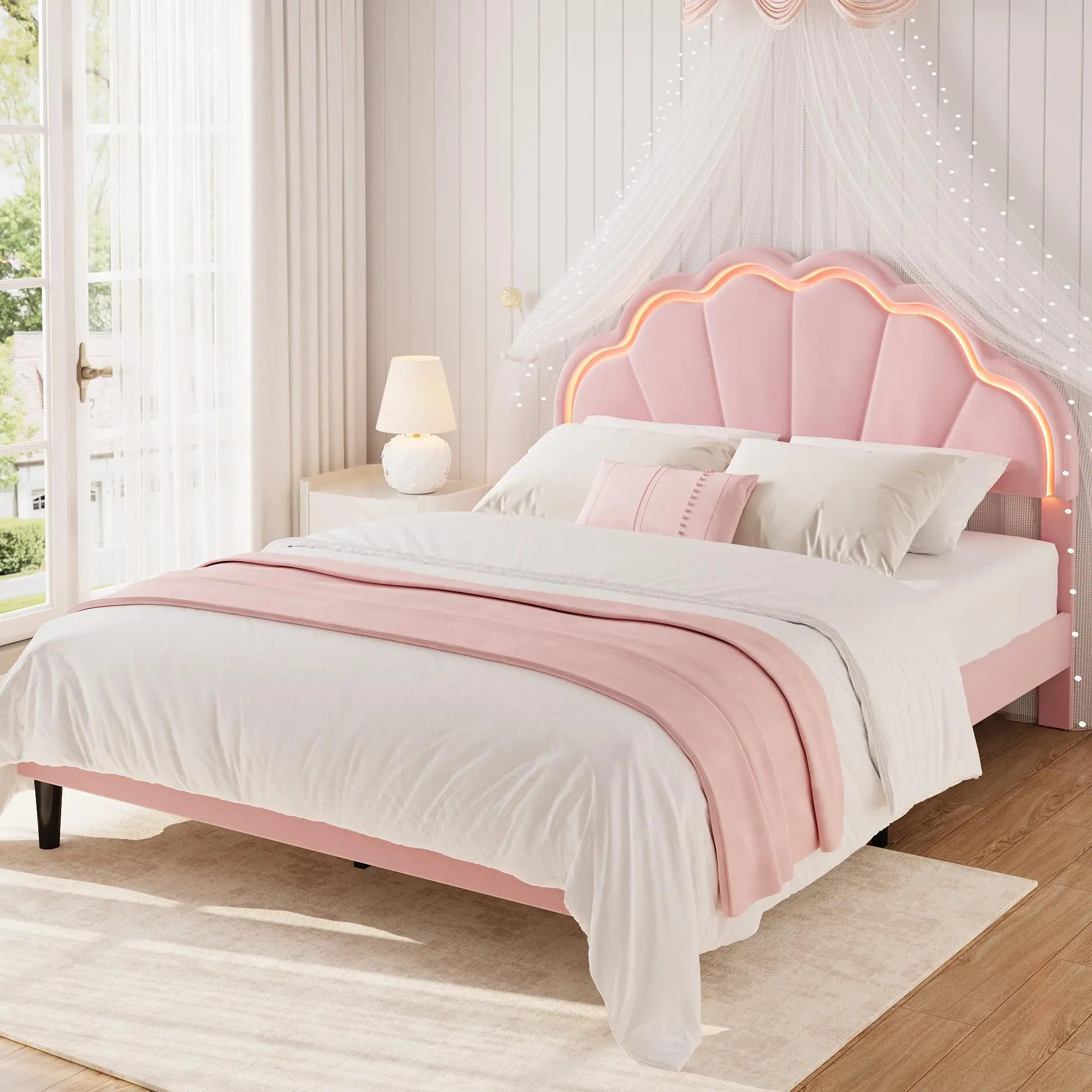 Garvee Bed Frames, Velvet Platform Bed Frame with Adjustable Seashell Headboard and LED Light, Under Bed Storage, No Box Spring Needed