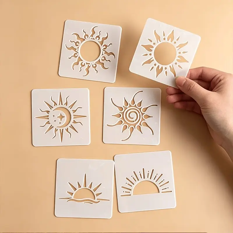 6-Pack 2.95x2.95 Inch Sun Templates, Reusable Multi-Layer Home Decor Stencils, Wood Board, Wall Art, Scrapbook, Coloring, Relief, Album, Decoration Cards