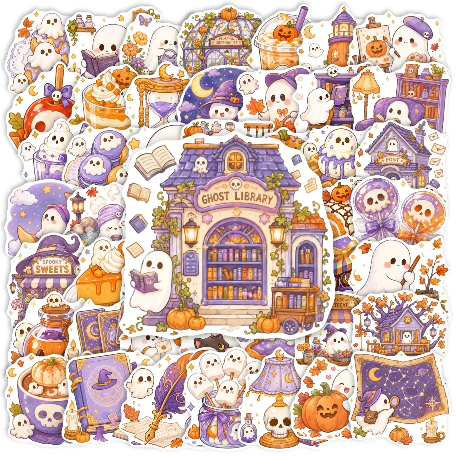 50Pcs Purple Tone Halloween Stickers, Cute Ghost Pumpkin Tree House Decor Stickers, DIY Journal Luggage Water Bottle Decals, Aesthetic Stickers