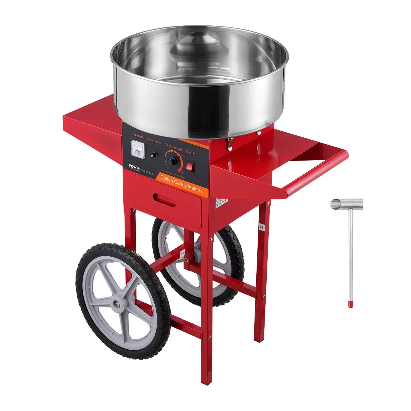 VEVOR Cart-Mounted 1000W Power Electric Candy Floss Machine, Stainless Steel Bowl, Sugar Scoop & Drawer, Commercial Candy Flossing Tool for Kids & Families, Red