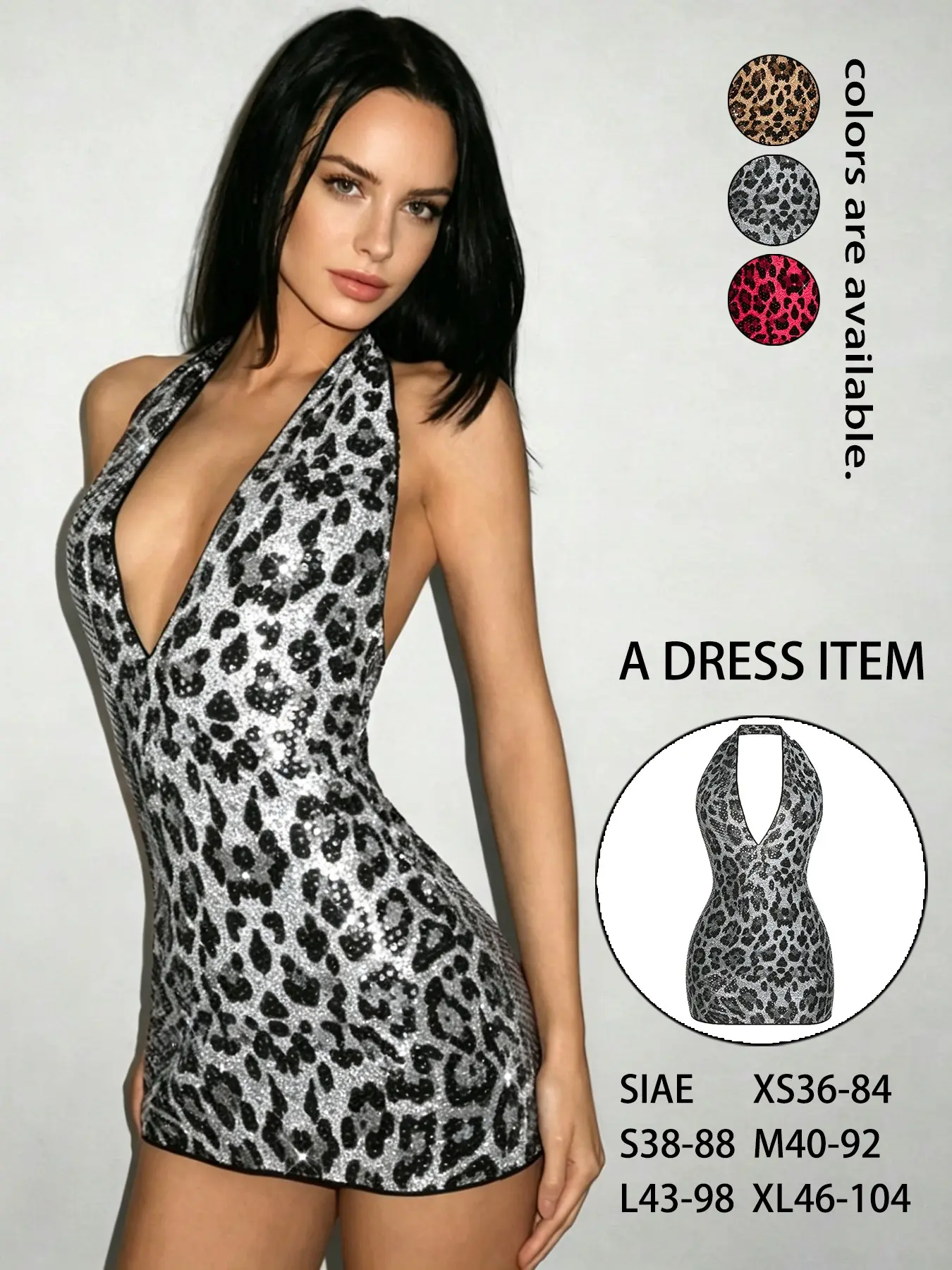 Summer New Arrival Women's Sequin Sleeveless Halter Leopard Print Deep V Neck Backless Skirt, Sexy Bodycon Fitted Unlined Dress