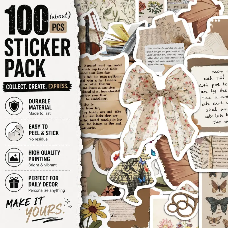 100PCS Retro Aesthetic Vinyl Stickers Pack for Laptop Water Bottle Phone Case Skateboard Journal Scrapbook DIY Decoration
