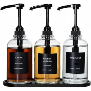 Coffee Syrup Dispenser for Coffee Bar, Glass Syrup Bottle with 1/4 oz Large Capacity Pump, Syrup Pump Dispenser with Pump for Coffee Station, Black with Tray,16.9oz, Set of 3