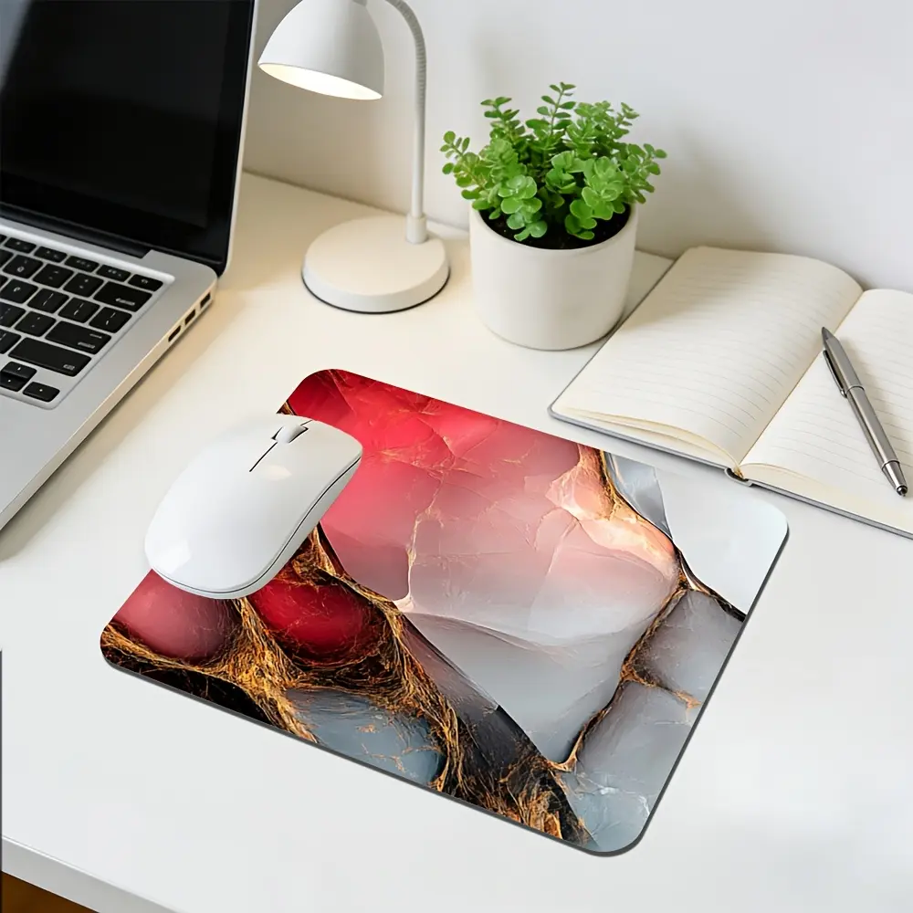 Abstract Textured Mouse Pad with Interwoven Red, White, and Black Patterns, Featuring a Texture Similar to Ink Wash or Mineral Stone Cuts, and a Bold Color Palette. This Rubber-backed Non-slip Gaming Mat