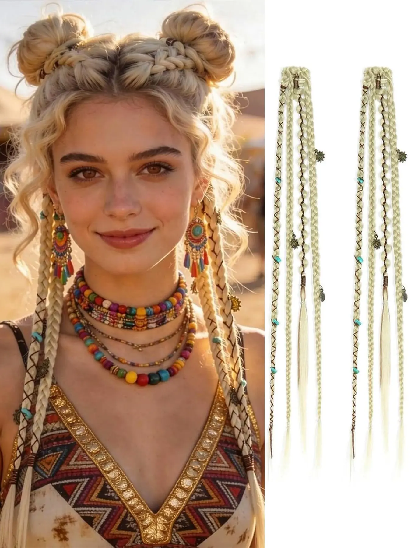 20 Inch Boho Dreadlock Clip-In Braids, 2 Pcs Handmade Synthetic Braid Hair Extensions, Beads and Charms, Fashion Accessories for Women
