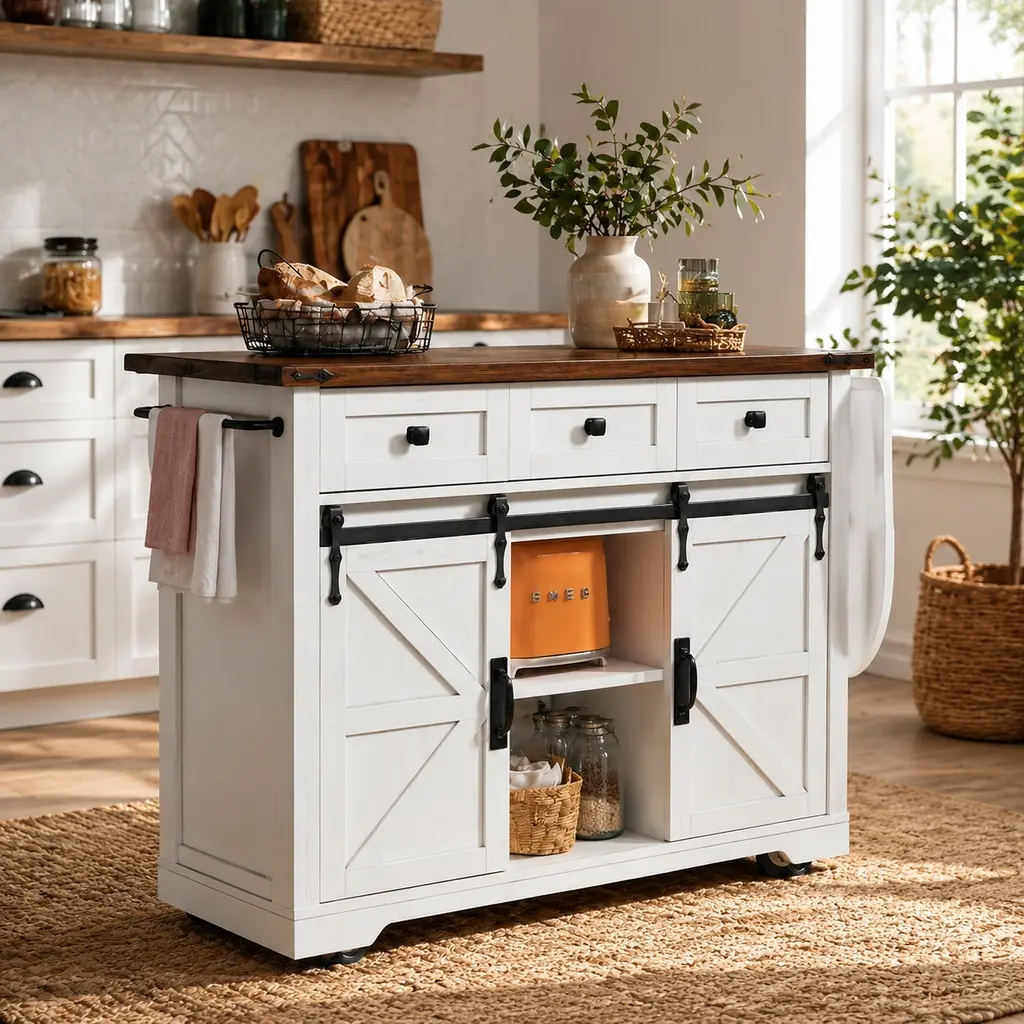 K&K 53.7" Farmhouse Kitchen Island with Power Outlet, 2 Sliding Barn Doors, Drop Leaf, Spice Rack, Rolling Wheels, White Modern Storage Cabinet