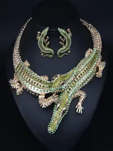 Vintage Crystal Alligator Necklace Earrings Set, Rhinestone Pendant Studs, Stage Performance Halloween Party Jewelry