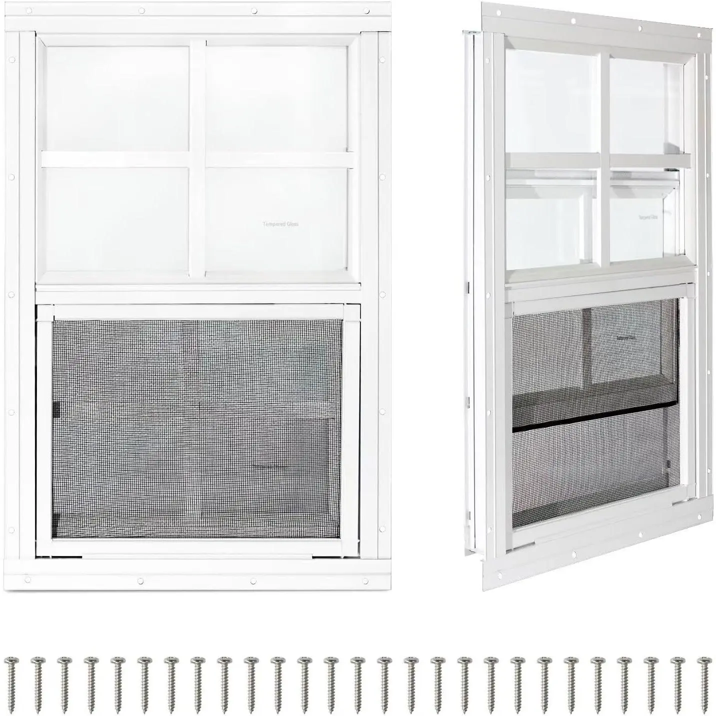 2 Pack Shed Windows, Chicken Coop Windows, 12" x 18" White | Flush Mount Sliding Small Windows with Tempered Glass and Fiberglass Screen for Shed, Chicken Coop, Playhouse, Garage, Barns