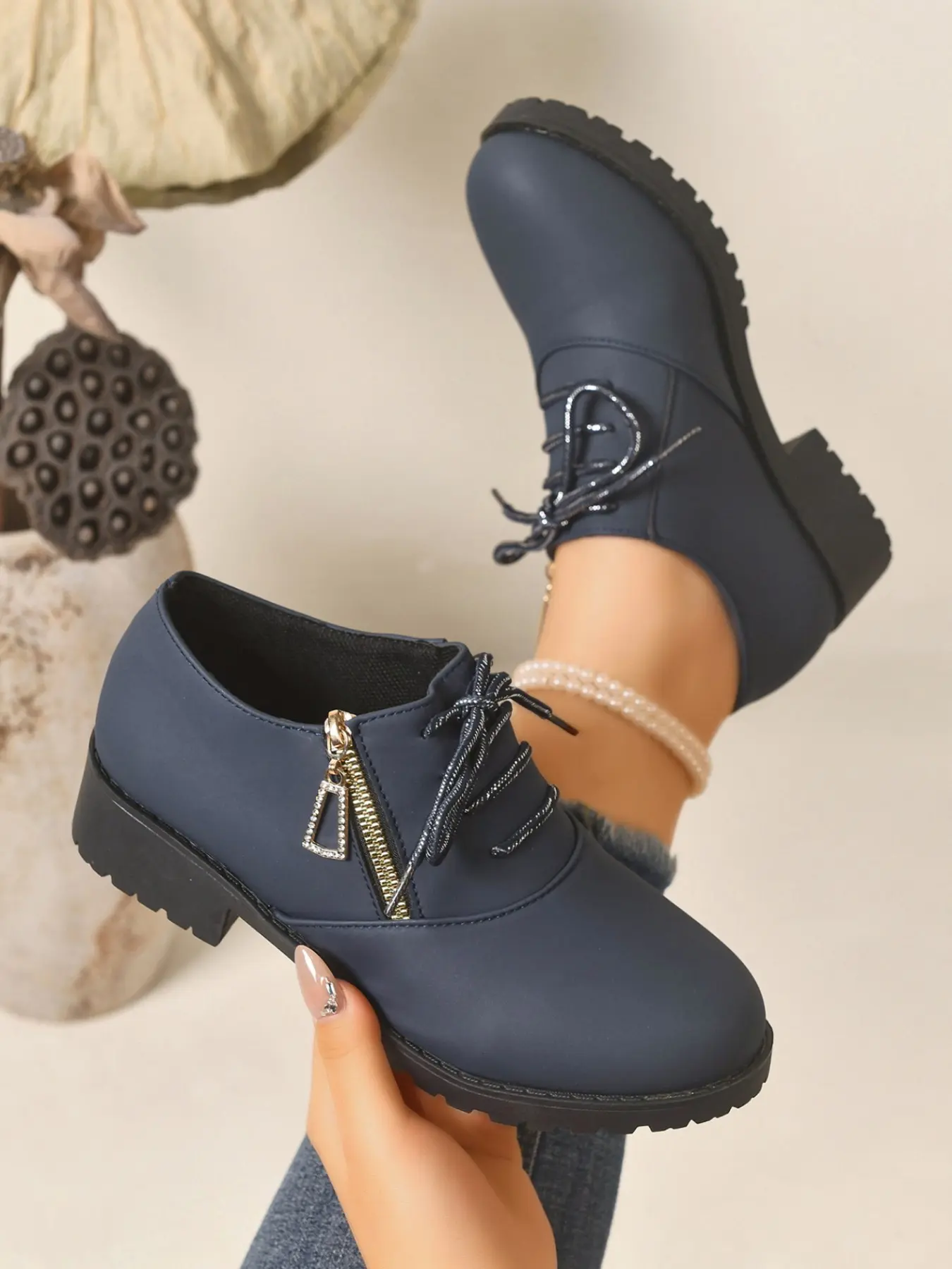 Women's British Style Side Zip Tie Low Heel Loafers, Round Toe Thick Sole Anti-Slip Shoes, Elegant Large Size Casual Party Walking Shoes