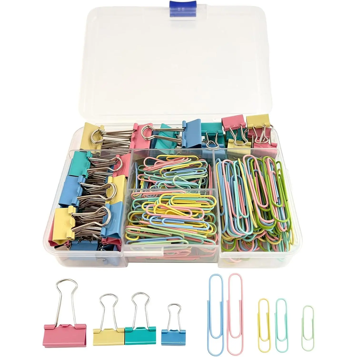 298-Piece Synthetic Binder Clips and Paper Clips Set, Colorful Small-Medium-Large Sizes for Organizing School/Office Use