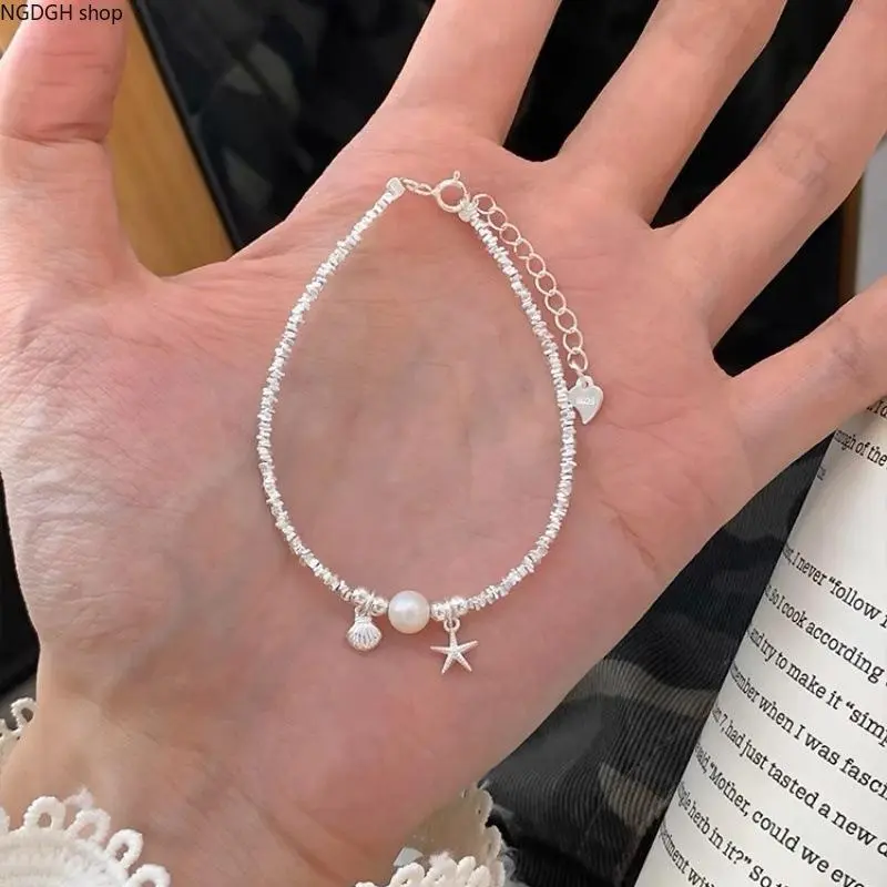 Women's Coastal Beaded Bracelet with Shell Pearl and Starfish Charms, Dainty Silver Bead Adjustable Jewelry for Summer, Female, Coastal Theme, Beach, Bracelets, Charm Bracelets