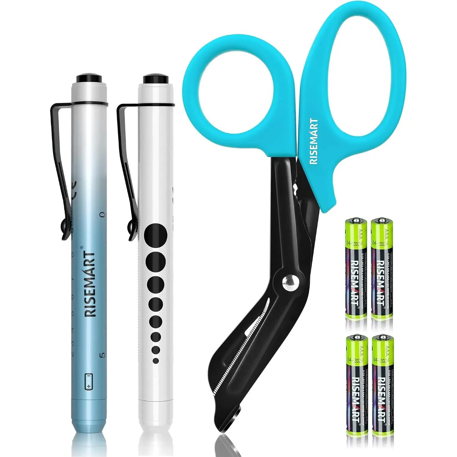 3-Pack Medical Scissors & Pen Lights Set for Nurses/Doctors, 7.5" Length Fluoride-Coated Non-Stick Bandage Scissors, 2 Lightweight Sleek White LED Penlights with Pupil Gauge, 4 AAA Batteries