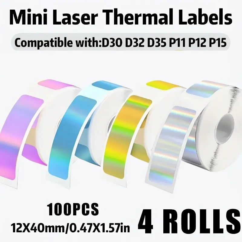 4 Rolls 12mm*40mm Colorful Laser Label Tape, Holographic Heat Sensitivity Paper, Self-Adhesive, Oil-Resistant, for Home Office School Use Label Stickers