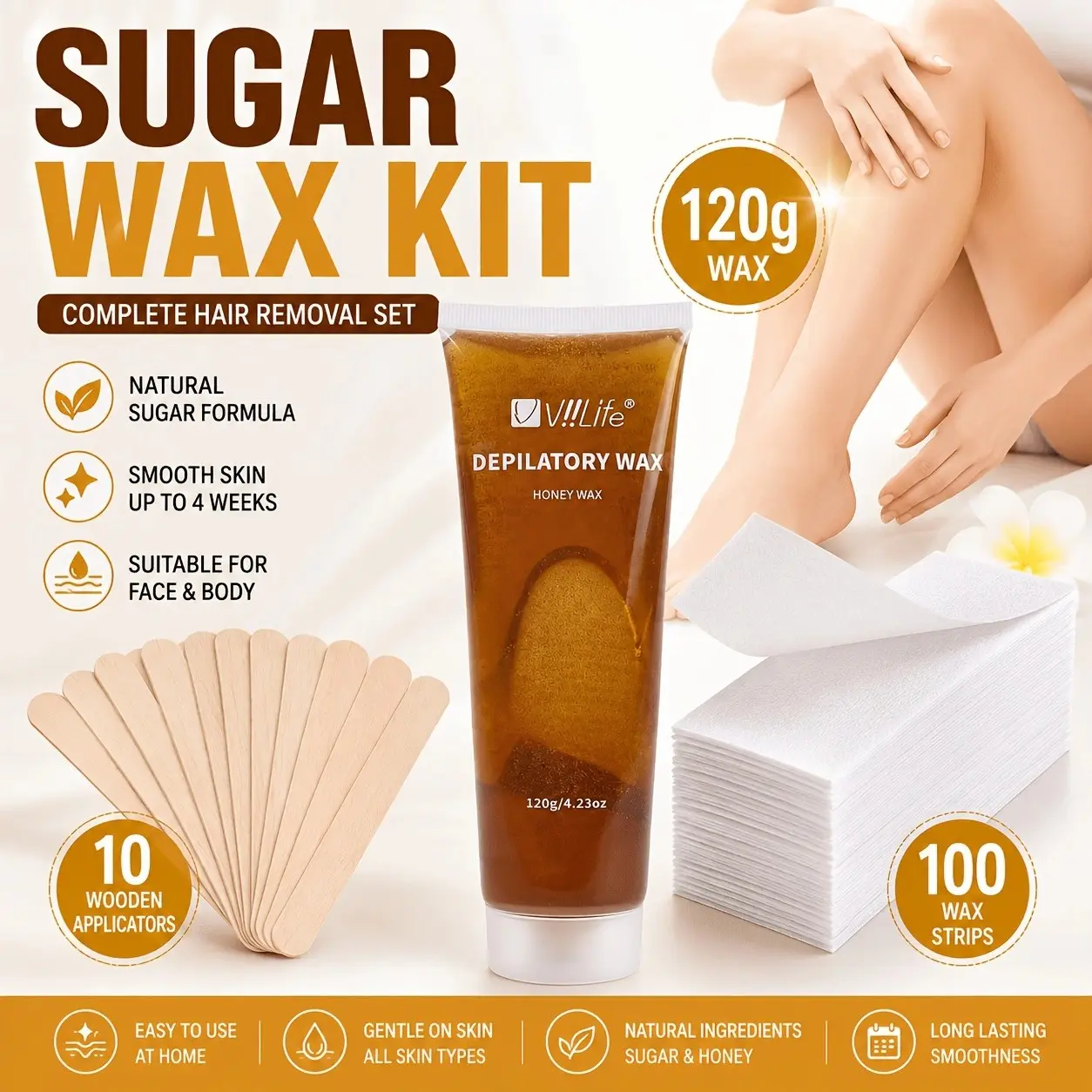 Natural Honey Sugar Wax Hair Removal Kit, 120g Gentle Wax, 100 Wax Strips, 10 Wooden Applicators, Home Use, 4 Weeks Smooth, All Skin Types