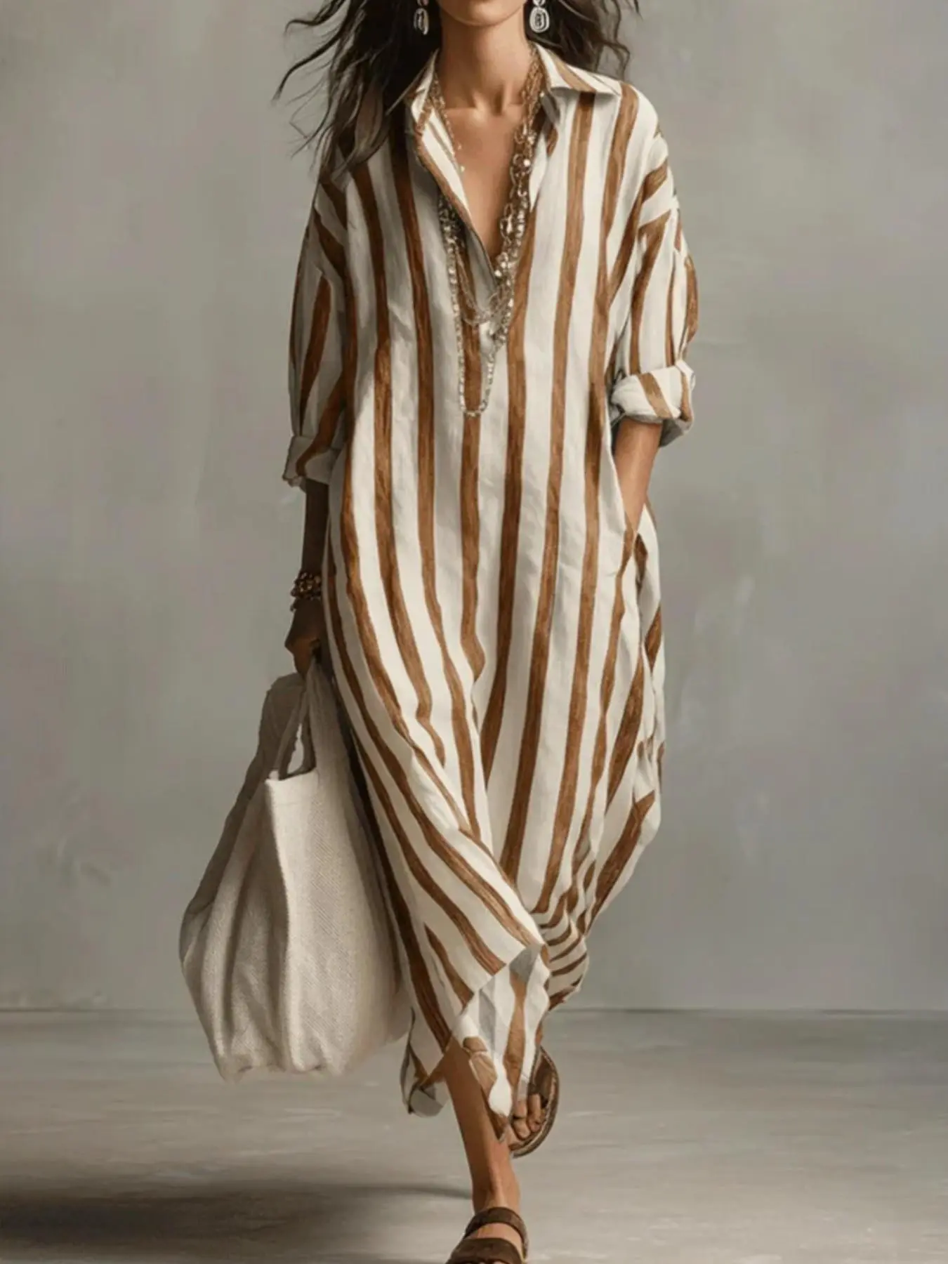 2026 New Women's Fashion Striped Lapel Front Tie Loose V Neck Long Dress, Soft Comfortable Fabric, All Seasons, Beach Sun Protection Summer