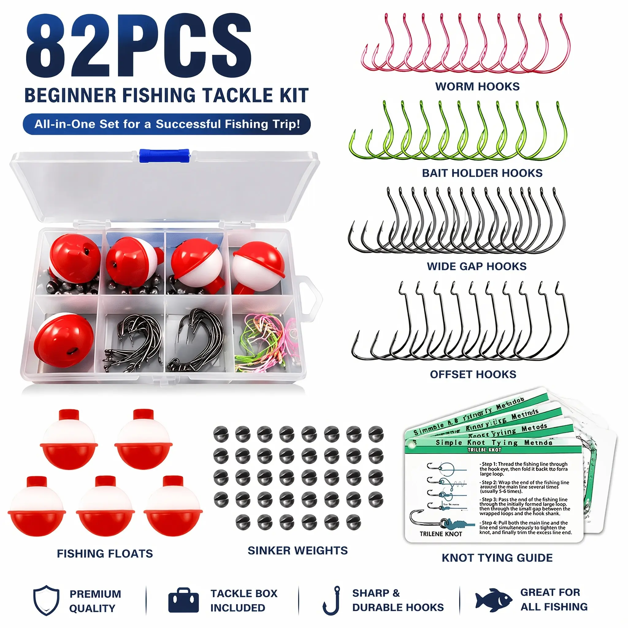 All-in-One 82PCS Freshwater Fishing Terminal Tackle Box Set Multi-Type Fishing Hooks Bobbers Lead Weights Knot Guide Card Portable Fishing Gear For Anglers Complete Fishing Kit