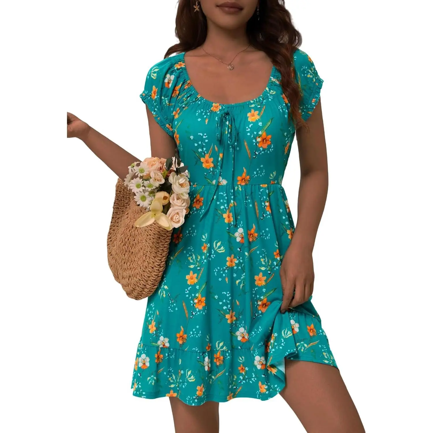 Women's Petite Teen 2026 Floral Short-Sleeve High-Waist Elastic Fit Milkmaid Sundress with Pockets, Casual Wear Summer Mini Dress, Scoop Neck, Puff Sleeve, Cute, Shortsleeve, Pleated