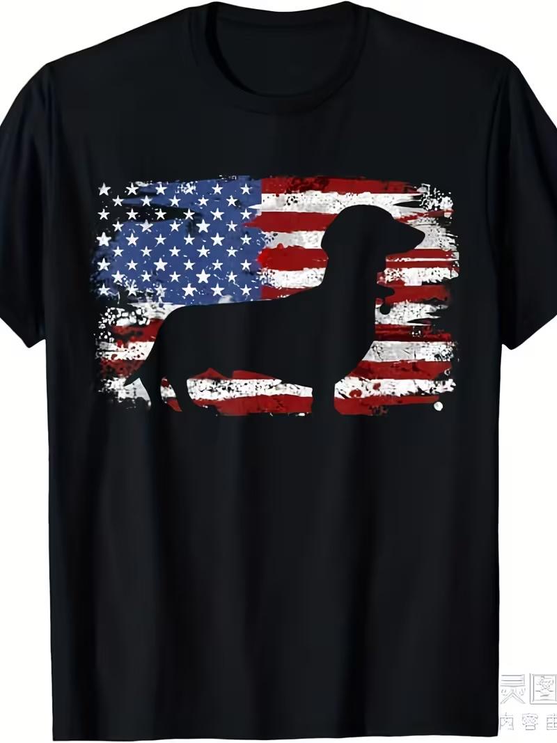 Men's & Women's Dachshund Weiner Vintage American Flag T-Shirt - Retro Dog Lover Tee with Dachshund Print,  Pure Cotton, Casual Round Neck Shirt for Year-Round Wear  - Perfect Gift