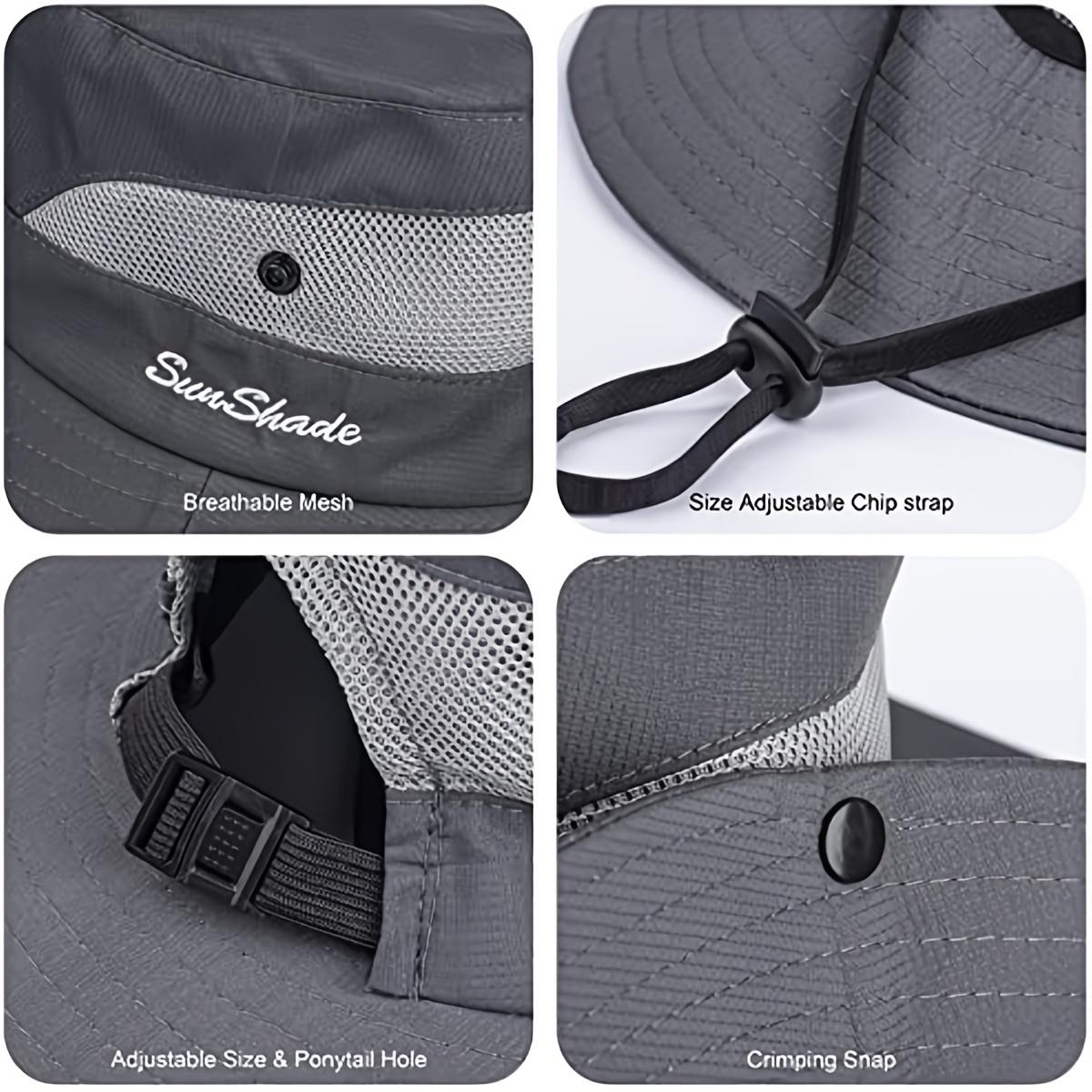 Outdoor ponytail hole breathable mesh fisherman hat, unisex, foldable, cool mesh, lightweight wide-brimmed ponytail bucket hat for outdoor use, hiking, and daily wear
