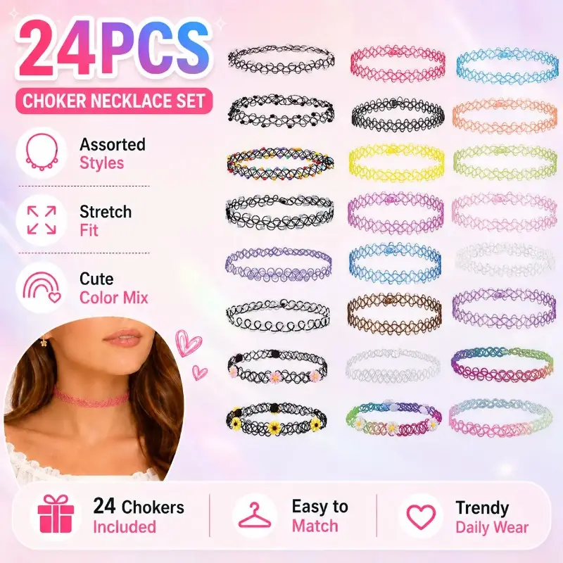 24-Pack Assorted Choker Set for Women and Teens, Vintage Style Collection with Velvet and Stretch Tattoo Chokers, Assorted Necklaces, Basic Chokers