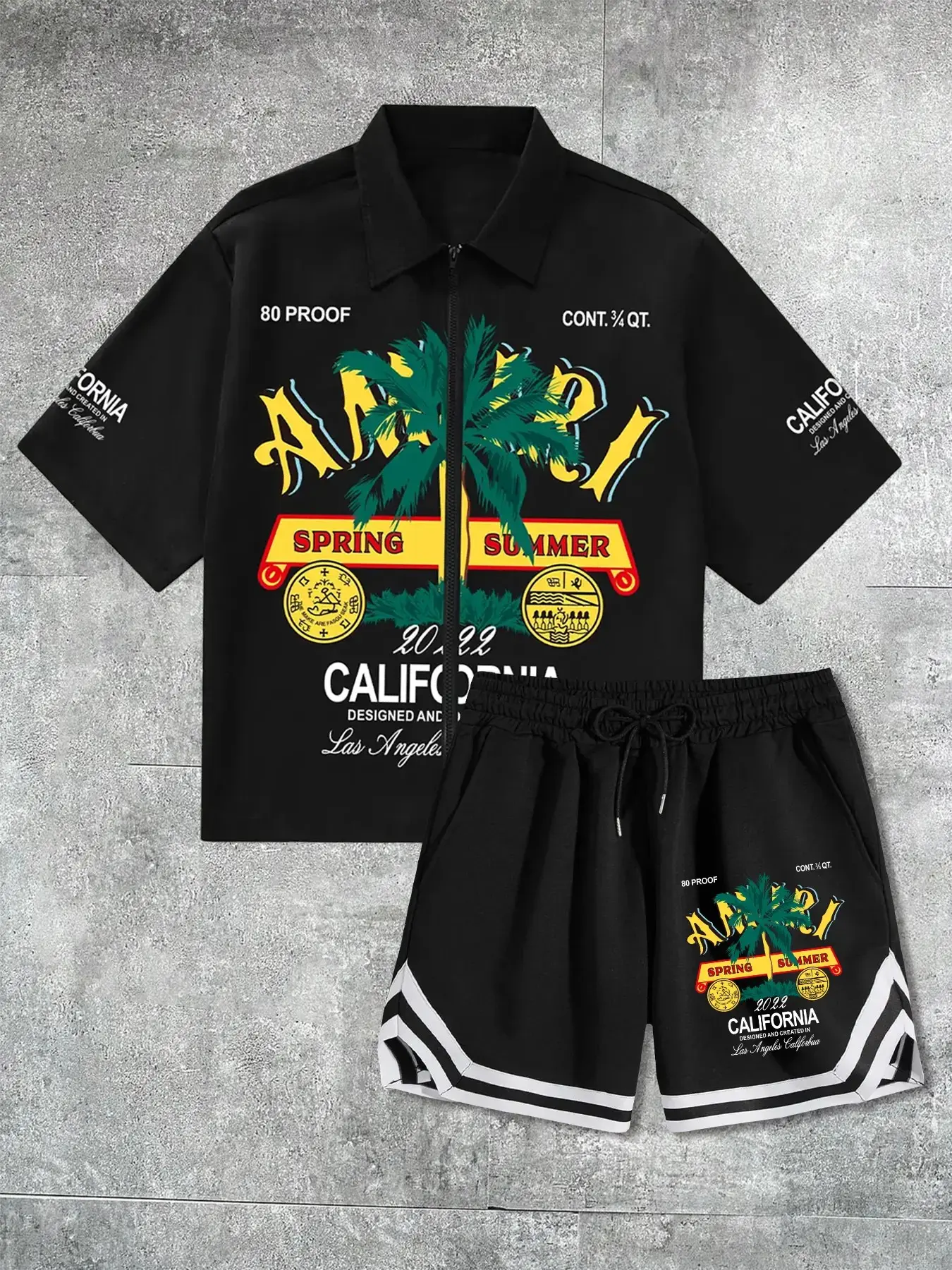 Los Angeles West Coast Style Tropical Palm Tree Letter Print Set, Men's Loose Fit Cardigan Shirt Striped Shorts, Streetwear Suit, Casual Set