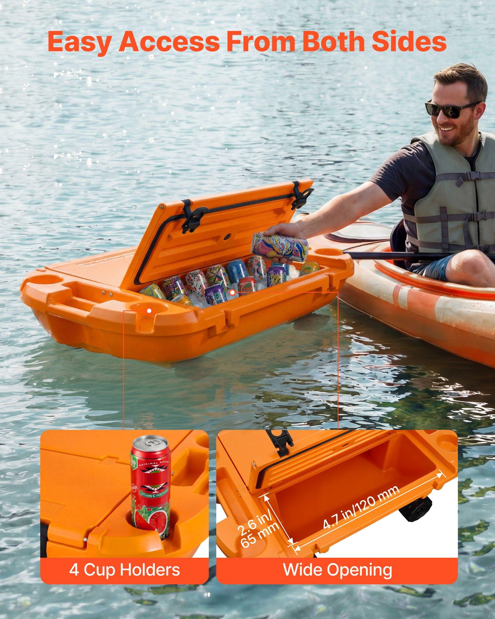 VEVOR Floating Cooler, 40 QT Floating Ice Chest with Dry Storage, Wheels & Tow Rope, Premium LLDPE Amphibious Drink Cooler for Water & Land, Cruise Stable on Lake, River, Pool, Beach, Kayak, Orange