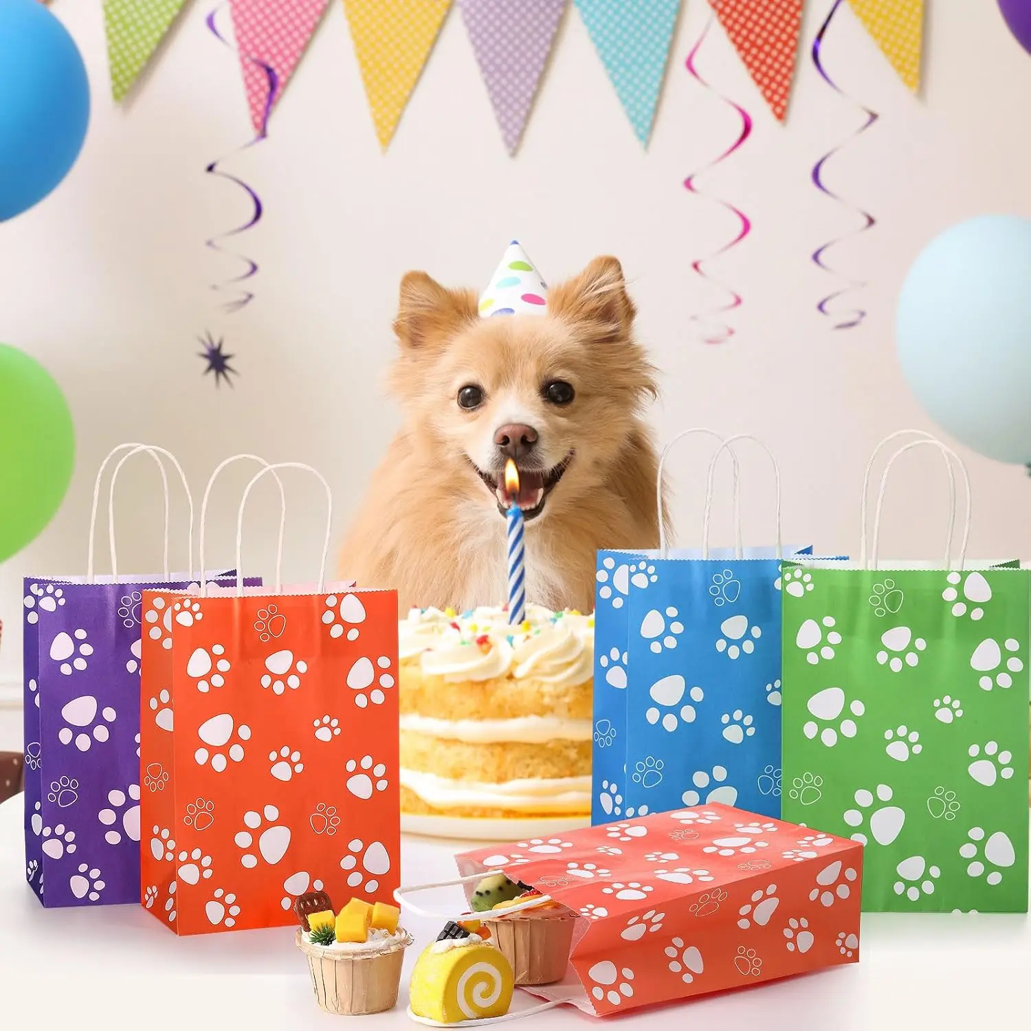 Paper Paw Print Dog Party Favor Bags with Handles (8.27x5.91x3.15in) - 6 Colors, Paper Bags for Candy Treats, Birthday Gift Ideas for Pet Parties