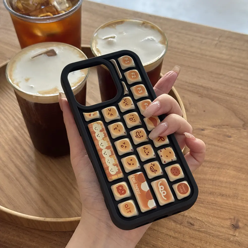 Coffee Keyboard Phone Case, Retro Keycap Grid Bumper Cover for iPhone 17 16 15 14 13 12 11 X Plus Pro Max, Café Lover Gift