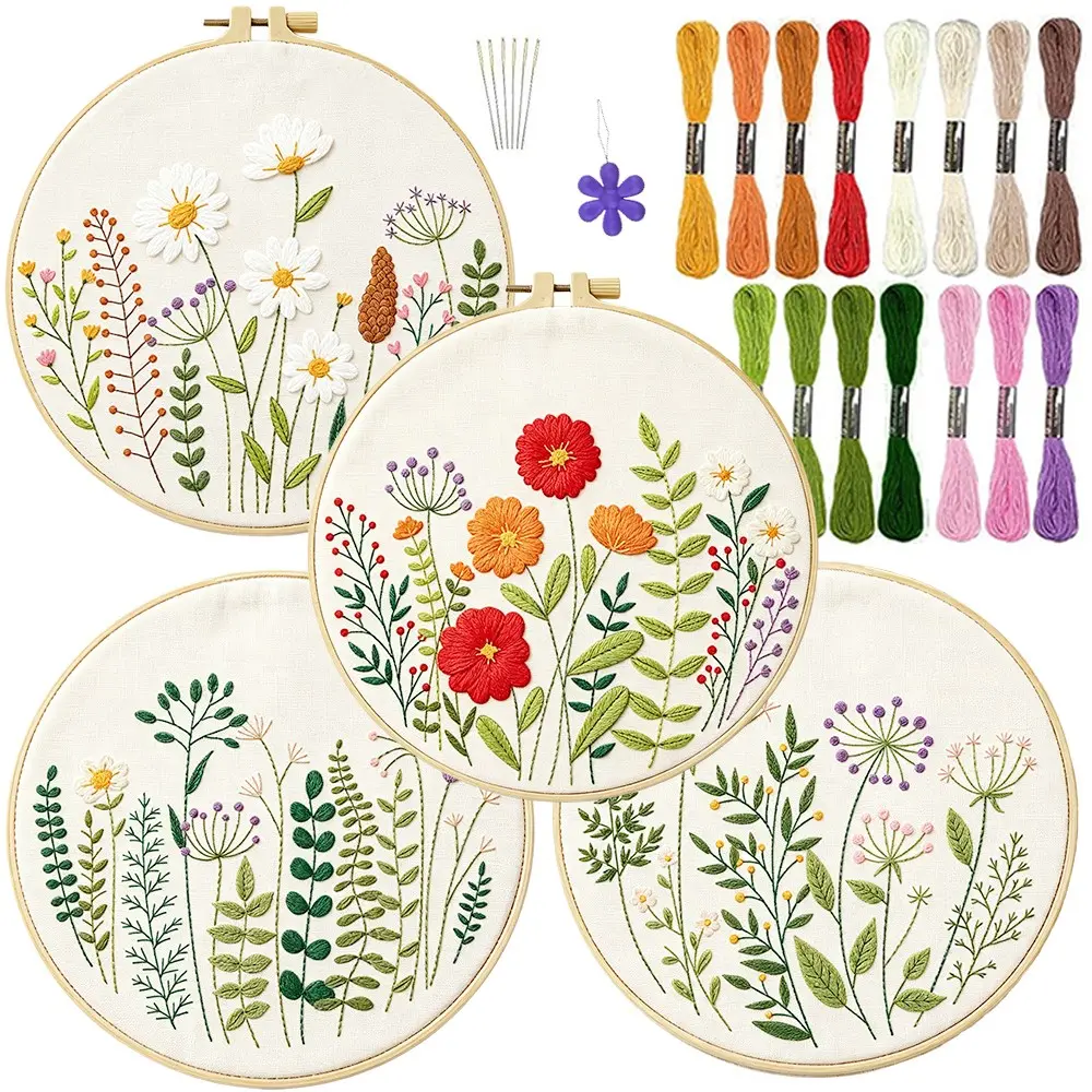 4-Piece Floral Embroidery Kit for Beginners, Includes 2 Hoops, Plenty of Thread, English Instructions, Perfect for Sewing Enthusiasts