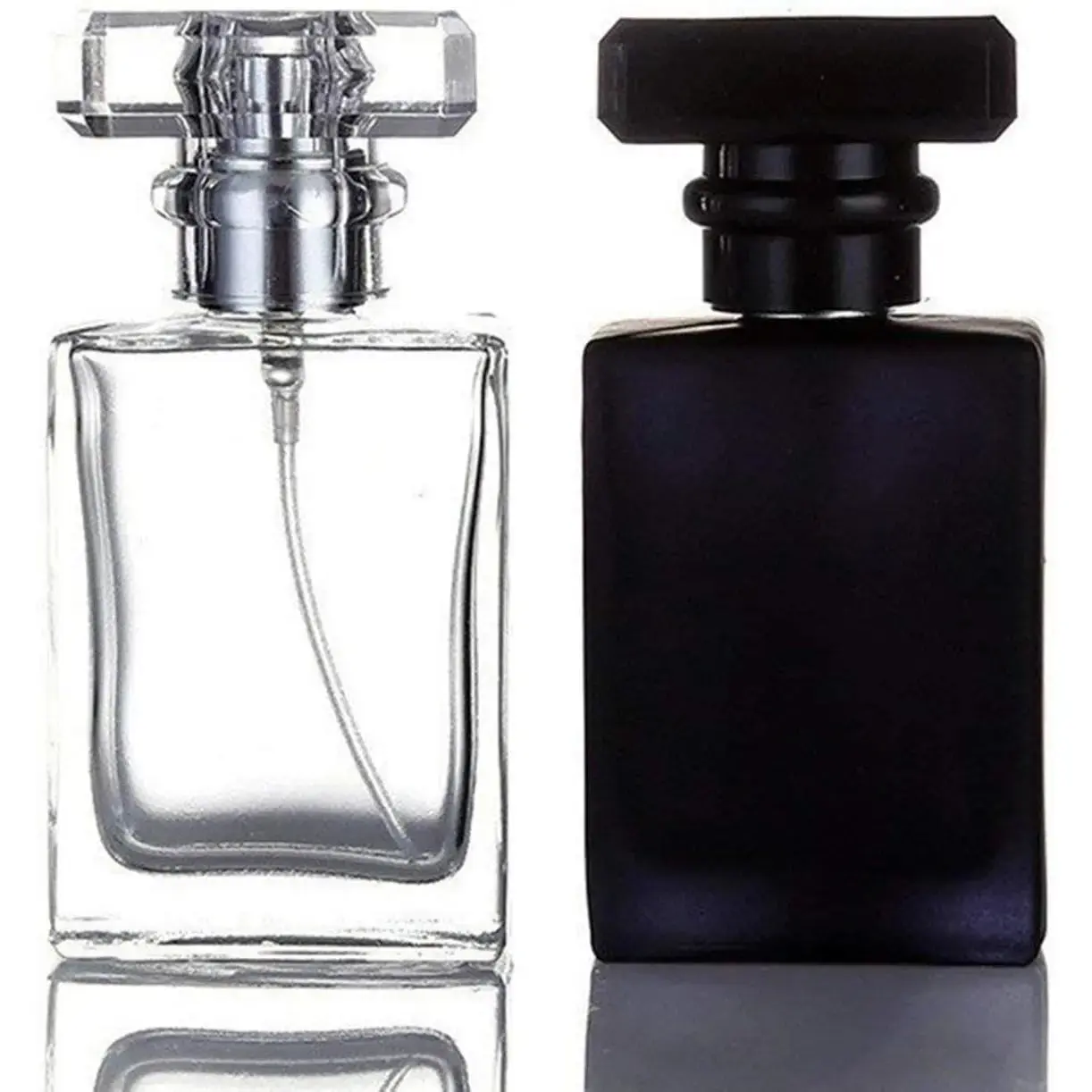 2 Pack - 30ML Flint Glass Refillable Perfume Bottle, Square Portable Cologne Atomizer Empty Bottle with Spray Applicator For Travel (Transparent and Black)