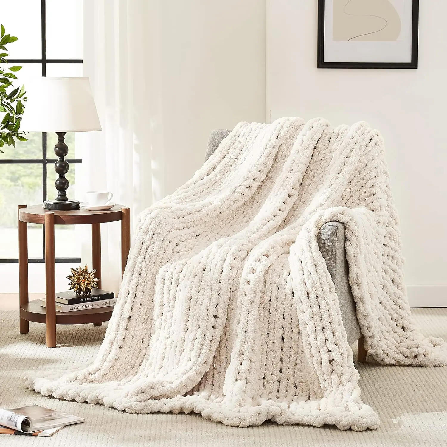 Chunky Knit Throw Blanket for Couch, 50'' x 60'' Knit Throw, Ivory |   Blanket for Sofa Bed, Thick Cable Knitted for Room Home Decor, Birthday Gift for Mom