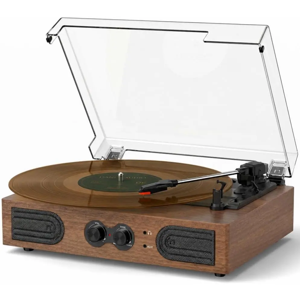 Record Player with -in Speakers , Walnut Vinyl Turntable Belt-Drive 3-Speed with Bass Treble Control,  Output AUX-in Headphone Jack Auto Stop