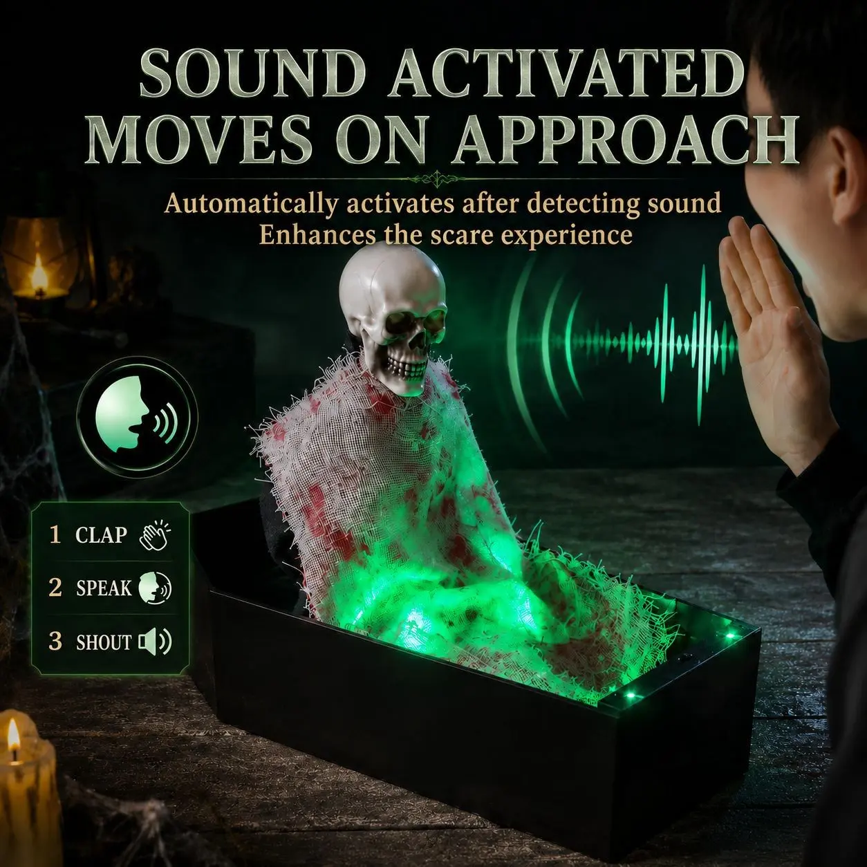 1PC Sound Activated Skeleton Coffin Halloween Decor, LED Glowing Animated Scary Skull Prop, Sound Sensor Haunted House Party Decoration