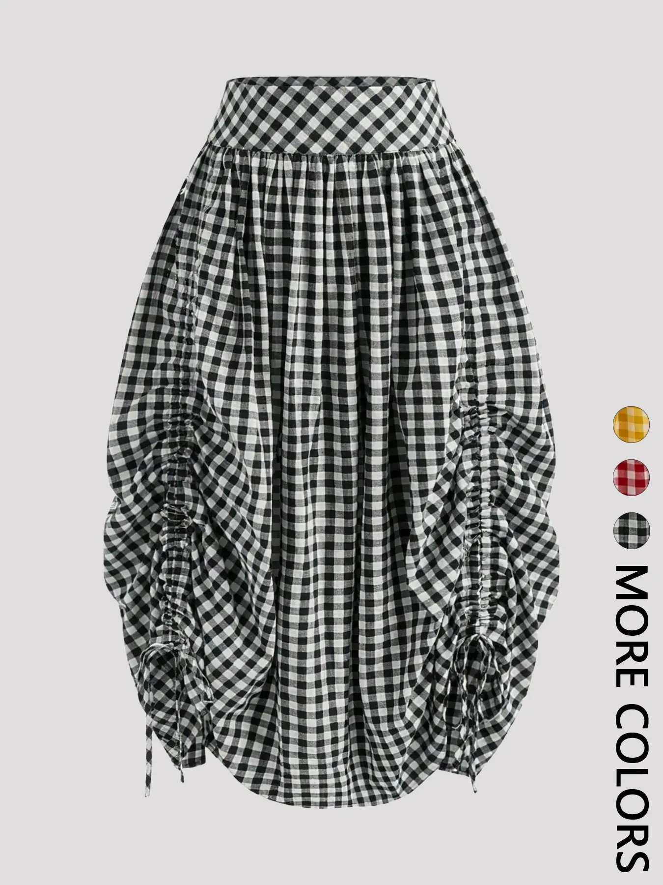 Gingham Woven Ruched Drawstring Adjustable Asymmetrical Midi Skirt, Aesthetic Retro Streetwear Style