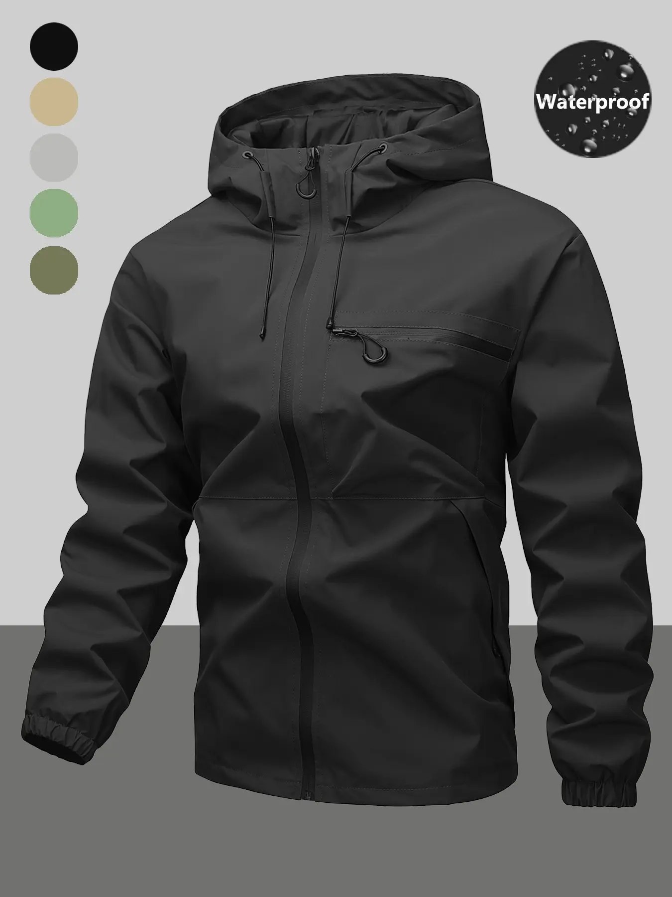 Men's Waterproof Windproof Rainproof Drawstring Hooded Jacket Rain Coat with Zipper Pocket Design, Casual Long Sleeve Outdoor Outerwear for All Seasons