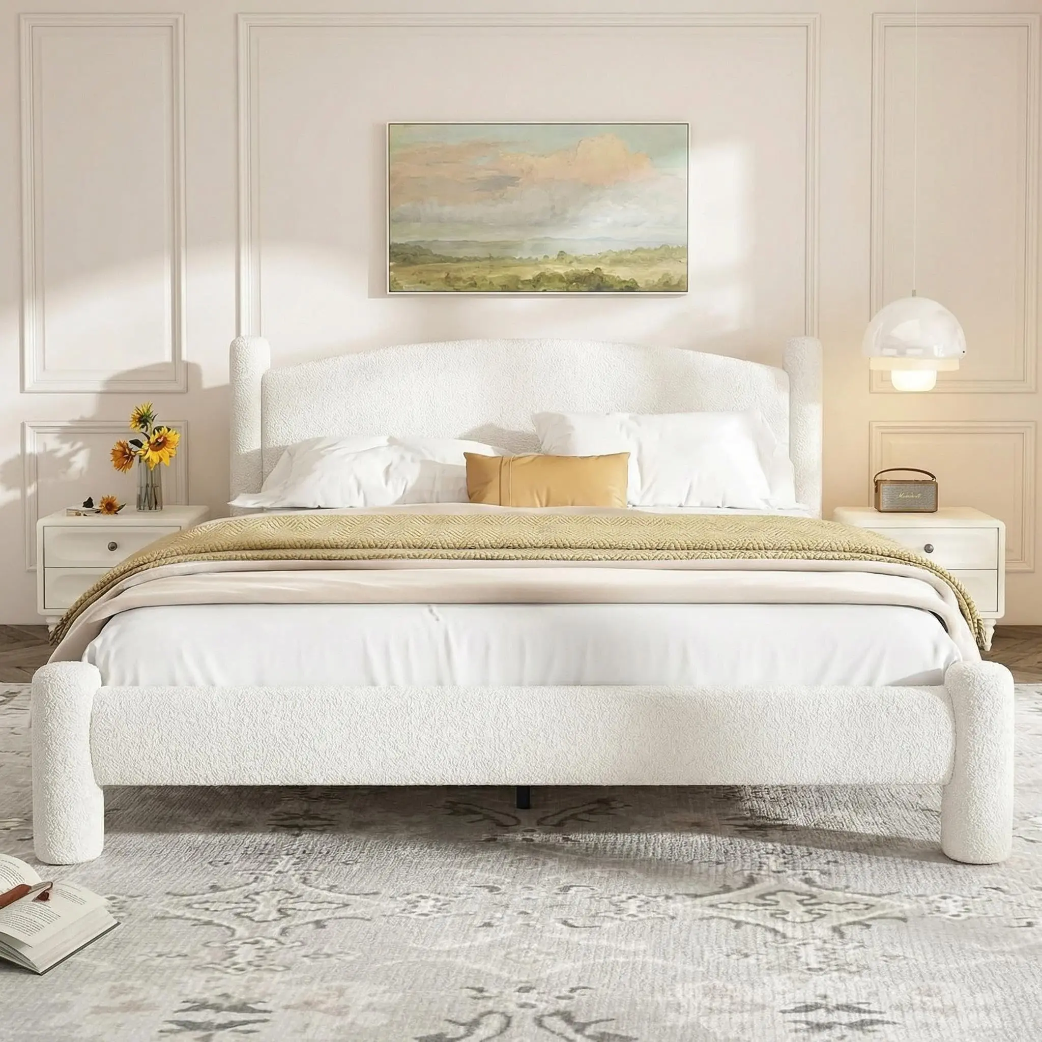 Full Size Boucle Fabric Upholstered Cloud Platform Bed Frame, Soft Curved Round Headboard, Solid Cylindrical Legs, Heavy Duty Sturdy Noise-Free Bed Base, No Box Spring Required, Effortless DIY Assembly for Bedroom