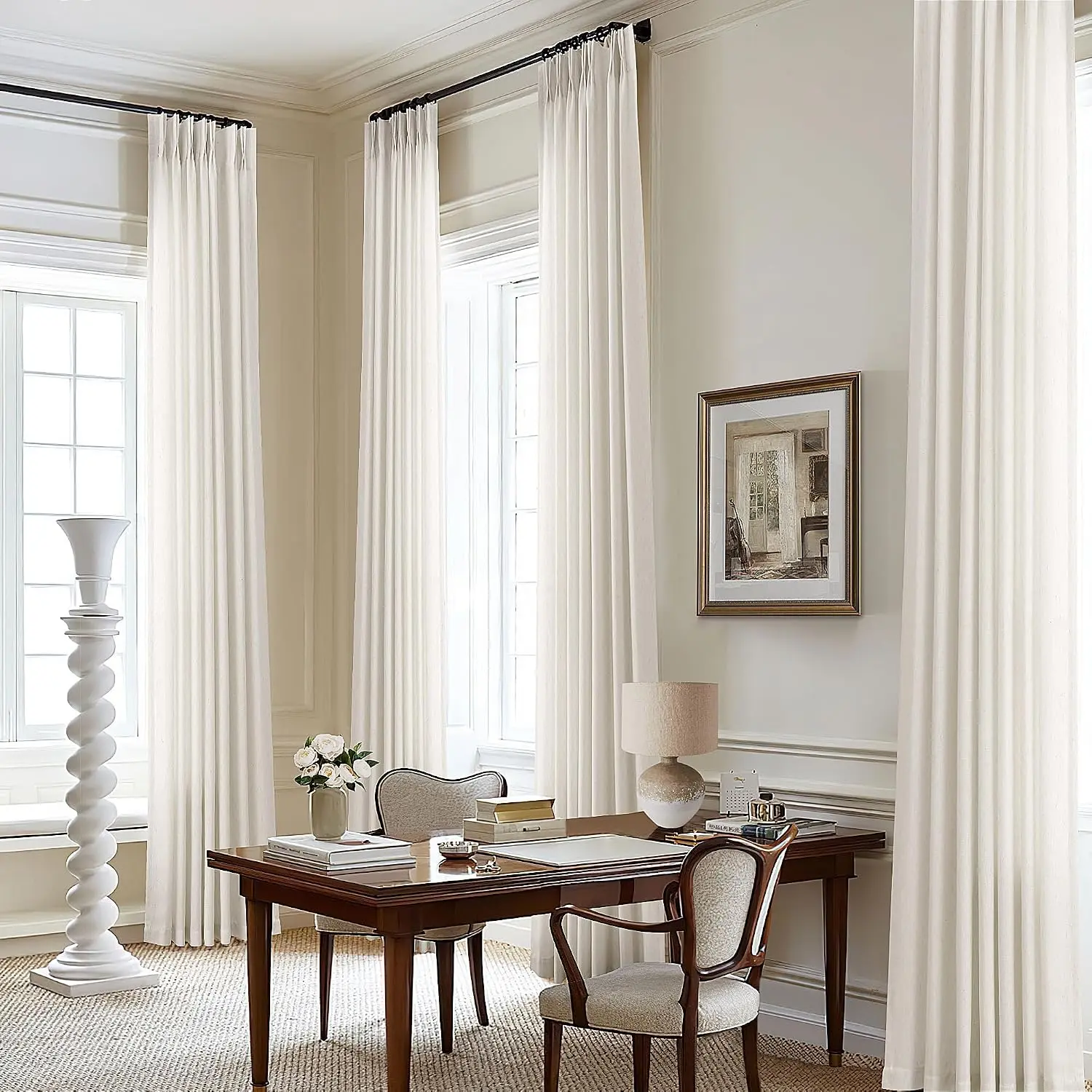 Cream Ivory Pinch Pleated Linen-Polyester Home Decorative Curtain, 108 in Long Window Drapes with Hooks, Rings & Back Tabs, Light-Filter Semi Sheer for Track System, Living Room