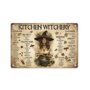 Vintage "Kitchen Witchery" Tin Sign Witchy Herb Magic Wall Decor,Wiccan Pagan Herbs Wall Art for Greenhouse Cabin, Perfect Fathers Day Gift for Gardening Dad