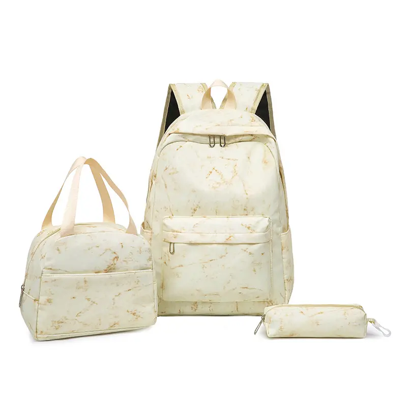 3 Piece Marble Backpack Set for Girls, Pink Aesthetic School Bag with Lunch Bag and Pencil Case, 16 Inch Laptop Backpack, Student Backpack for Teens, Back to School Supplies