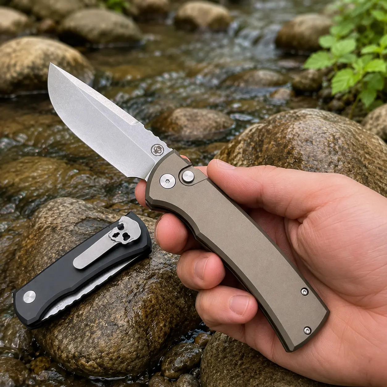 Camping Utility Knife 229, 3.38 in S35VN Satin Drop Point Blade, Aluminum Handle, Button Lock, Pocket Clip, EDC Outdoor, Gift Box