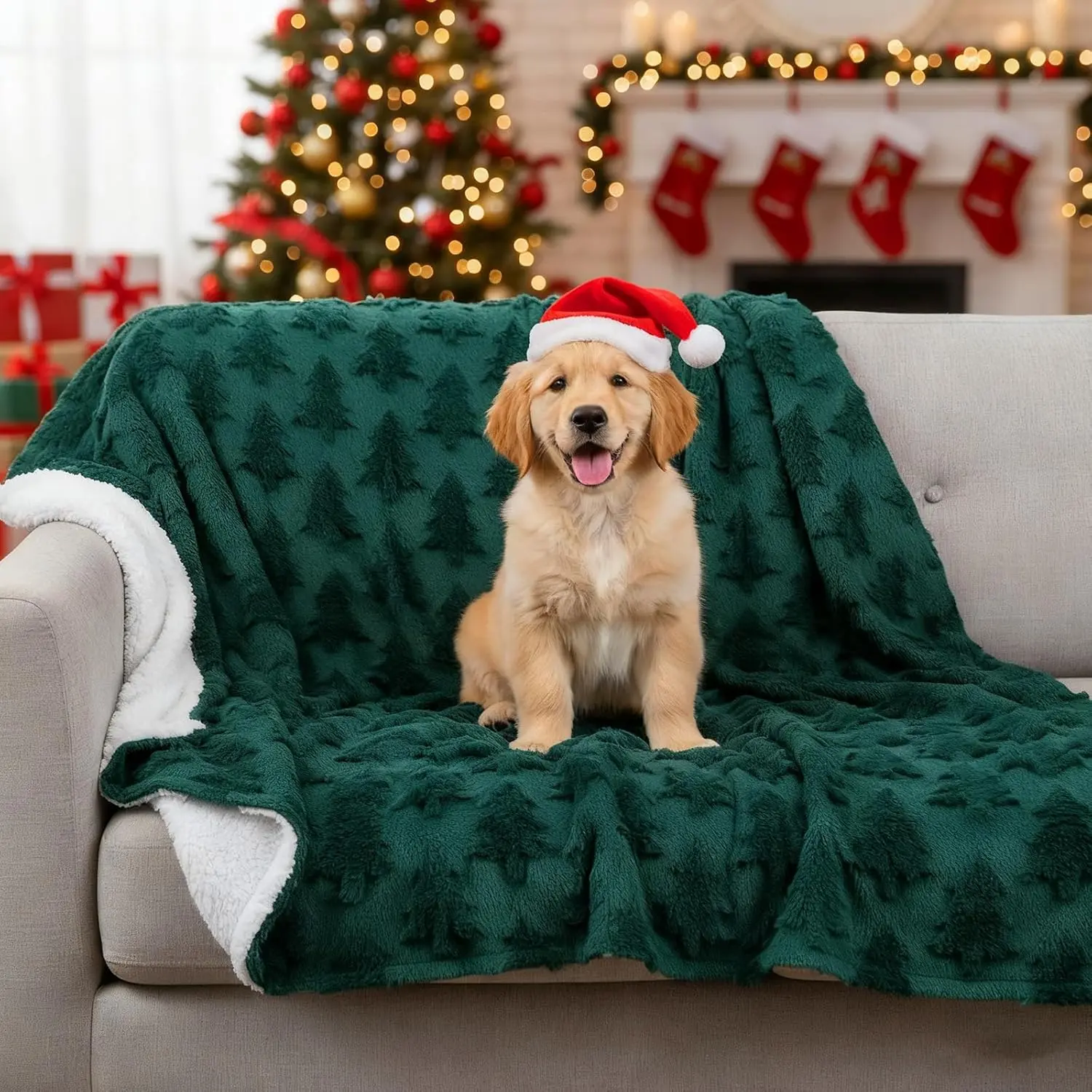 Tudomro Christmas Dog Blanket - Festive Decorations, Waterproof, Washable, 3D Textured Christmas Tree Jacquard, Soft Sherpa Fleece, Warmth, Protects Furniture, for Dogs/Cats (30x40in, Multi-Size Option), Soft Plush