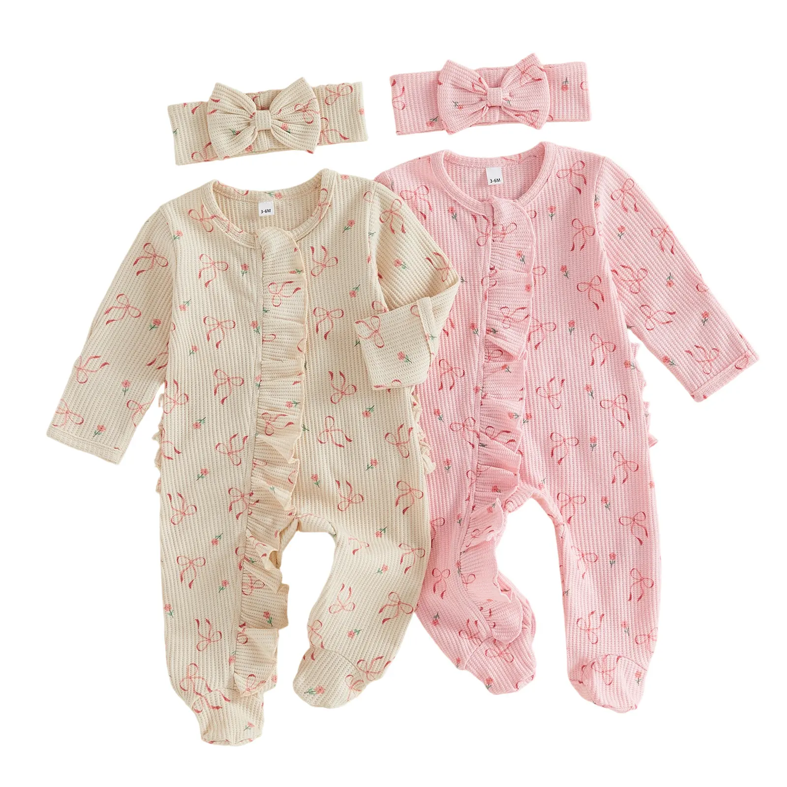 Newborn Baby Girl 2-Piece Fall Outfits - Long Sleeve Bow Floral Print Polyester Jumpsuit with Headband Set, Baby Stuff for 0-3/0-6 Months, 45-55 cm Sizes