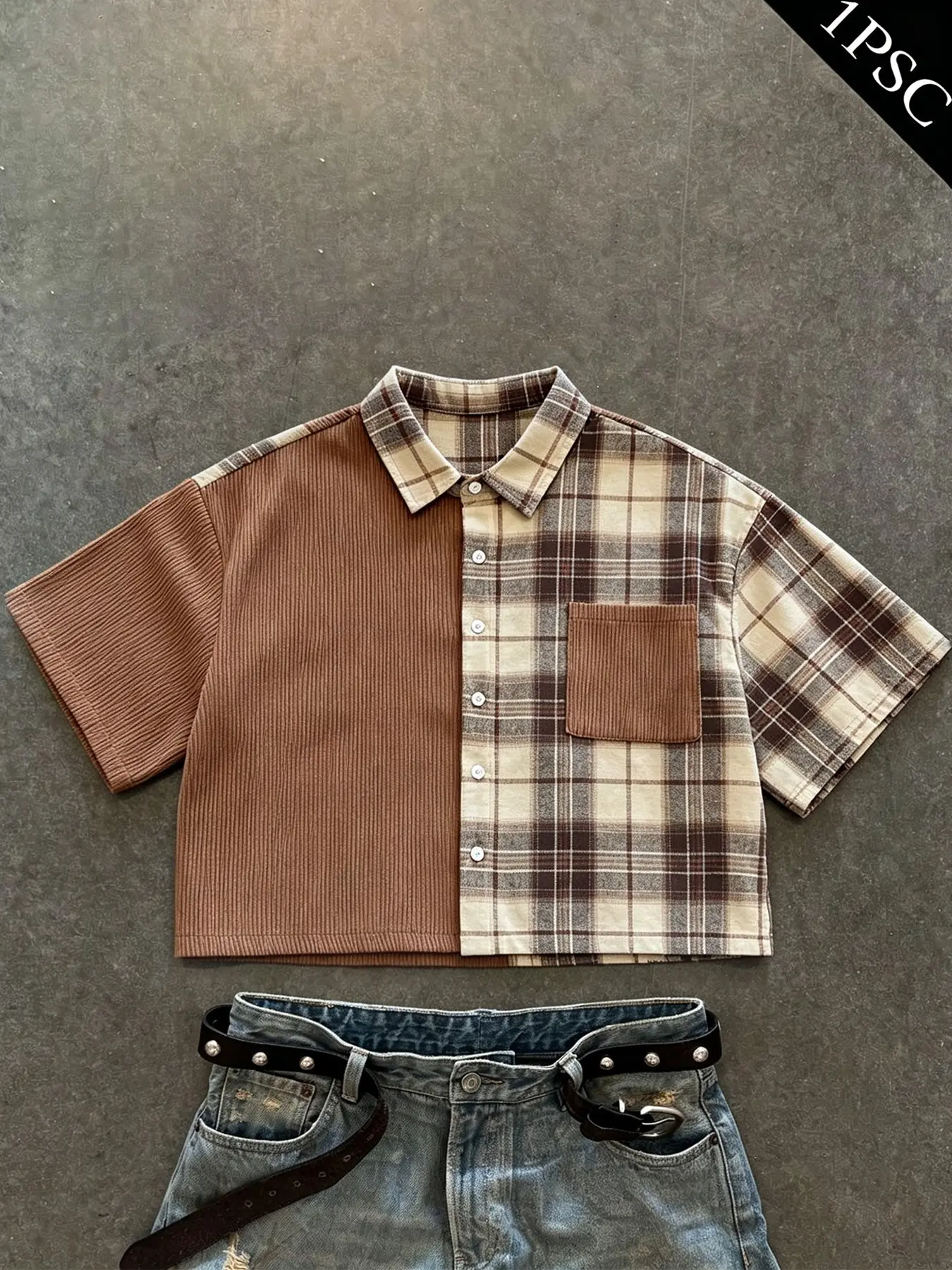 Men’s and women’s versions of a short, retro plaid check pattern, patchwork, short-sleeved shirt with a casual, small-print collar and pockets. A casual, casual top piece suitable for streetwear.