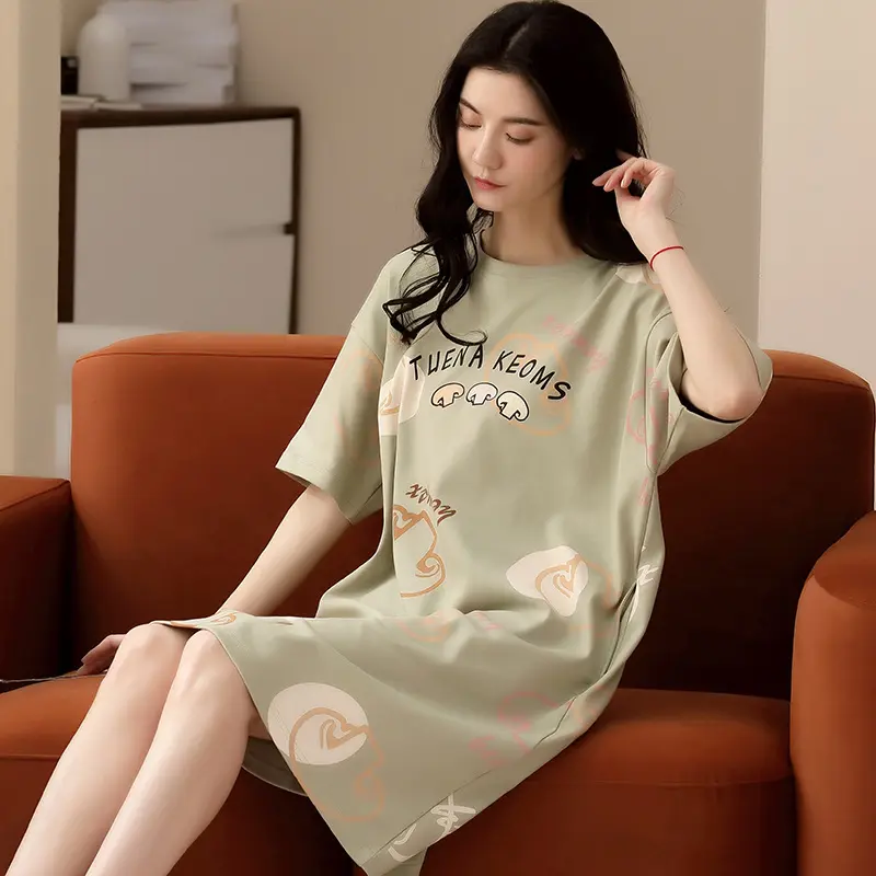 High-quality pure cotton nightgown women's short-sleeved thin cotton long casual summer cotton pajamas loungewear Nightwear Soft