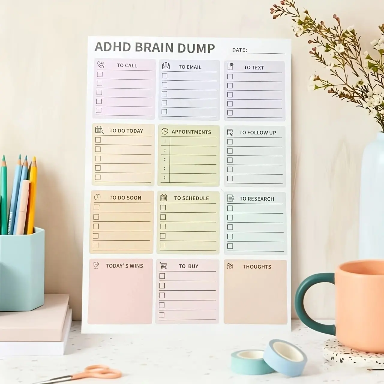 1pc 50-Sheet Tear-Off Planner, Macaron-Colored Brainstorming Organizer, Adhd Planner, Task Categorization Planner, Personal Organizer