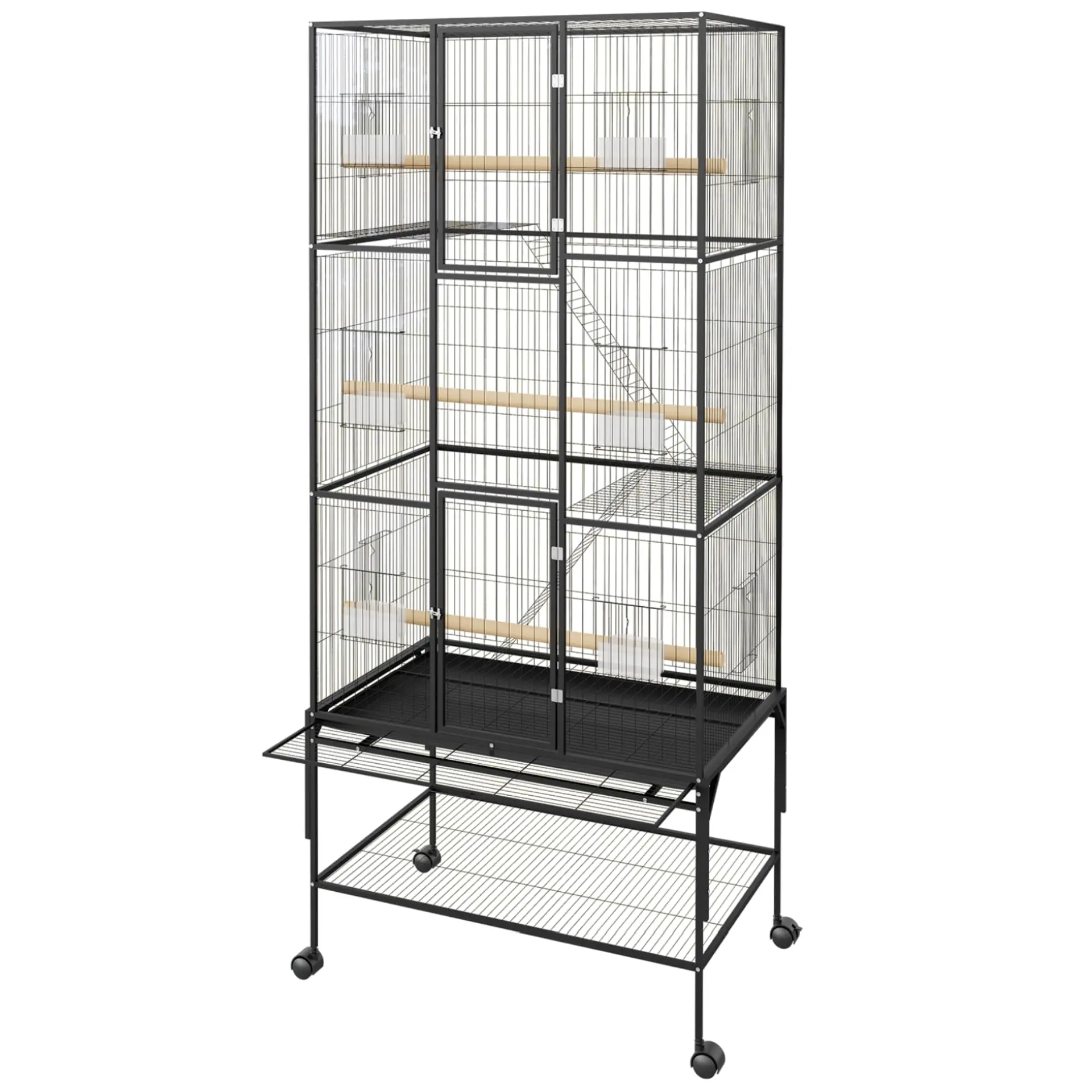 69-Inch Extra Large Wrought Iron Bird Cage with Rolling Stand – Multi-Level Spacious Parrot Aviary for Cockatiels, Conures, Parakeets, Lovebirds – Slide-Out Tray, Storage Shelf & 360° Wheels – Easy to Clean