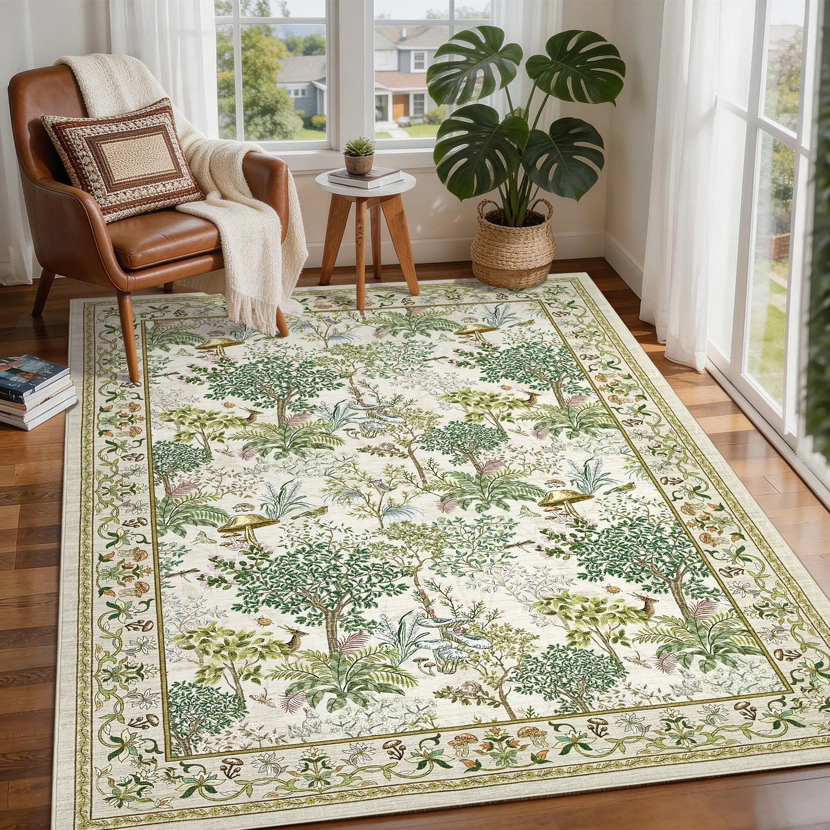 Whimsical Vintage Forest Mushroom Polyester Area Rug, Botanical Animal Pattern, Washable Low Pile Non-Slip Carpet for Living Room Decor, Bedroom