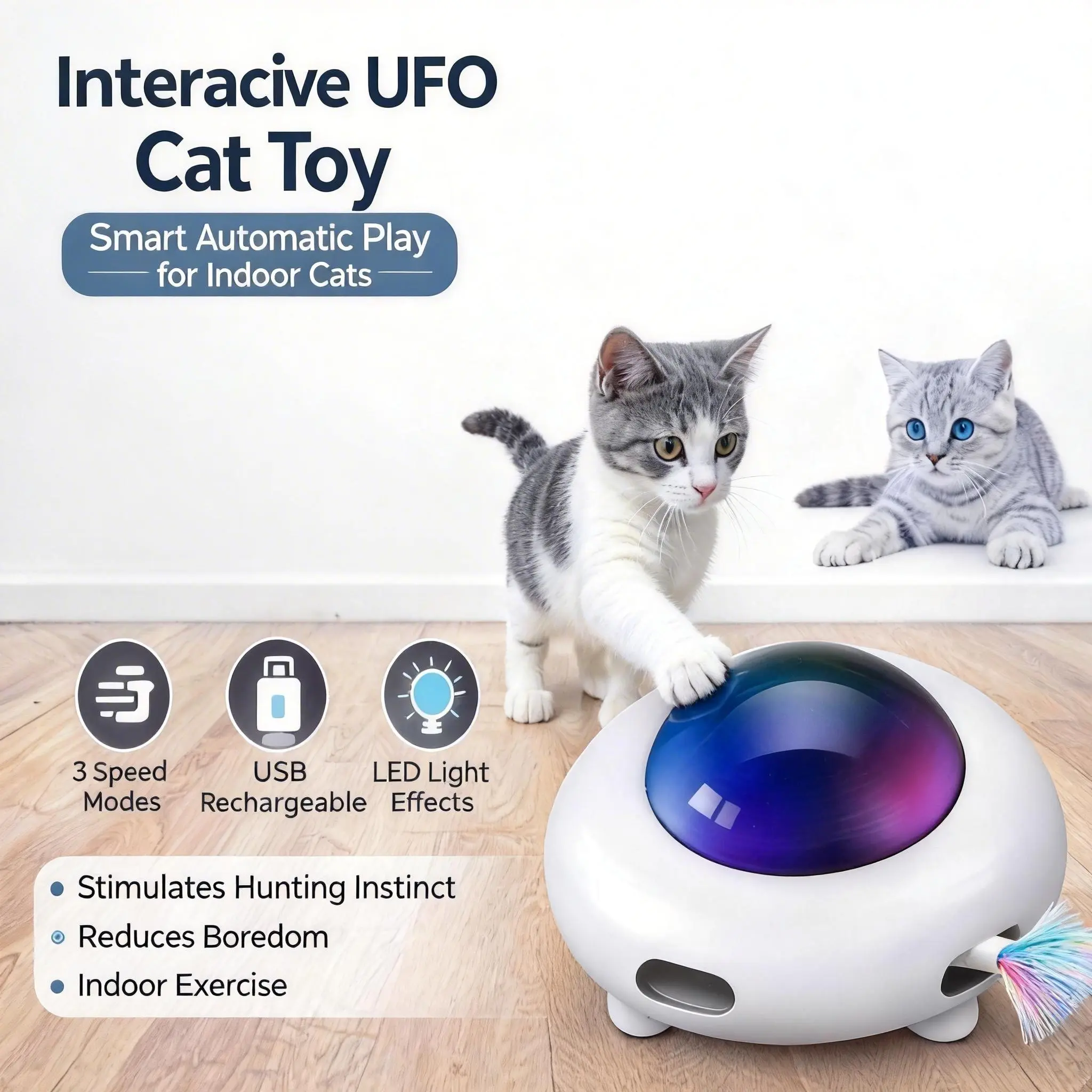UFO Interactive Cat Toy for Indoor Cats, Rechargeable Self Play Feather Kitten Toy