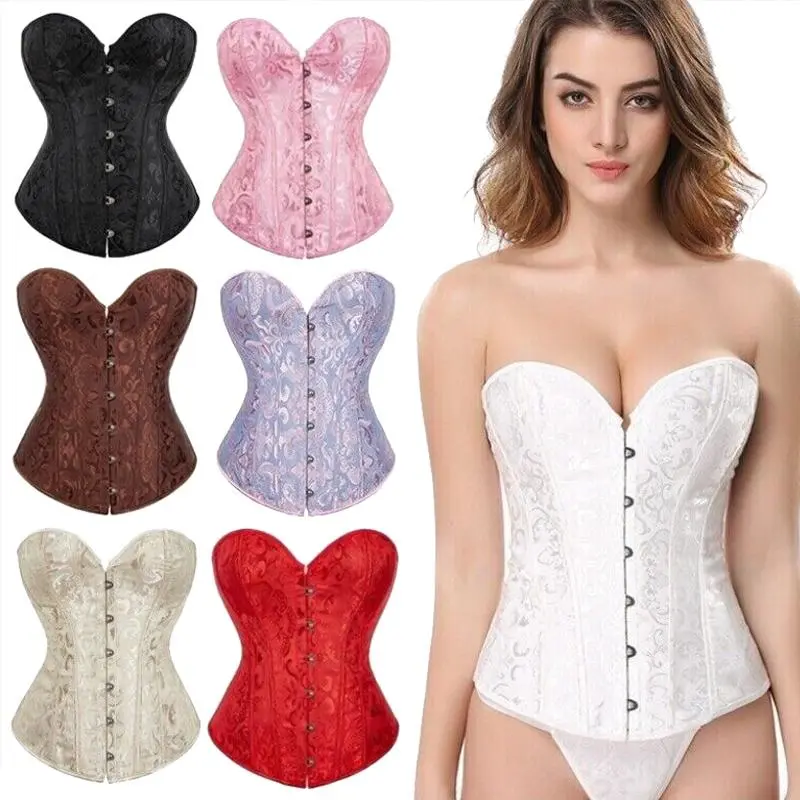 Women's Sexy Floral Boned Overbust Corset - Lingerie Clothing, Bridal Waist Trainer Bustier with Ribbon Lace-Up, Matching Burlesque Basque Body Shaper Top, Bodysuit, Shapewear, Style, Lady, Elegance, Basic, Panties, Corset Tops